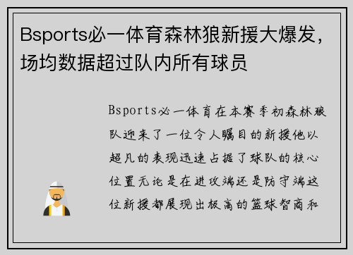 Bsports必一体育森林狼新援大爆发，场均数据超过队内所有球员